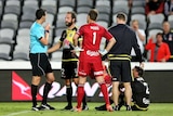 Wellington players confront referee after Manny Muscat (#2) is headbutted against Central Coast