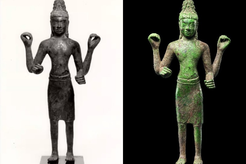 A fine statue of a God in black and white on the left and colour (green) on the right