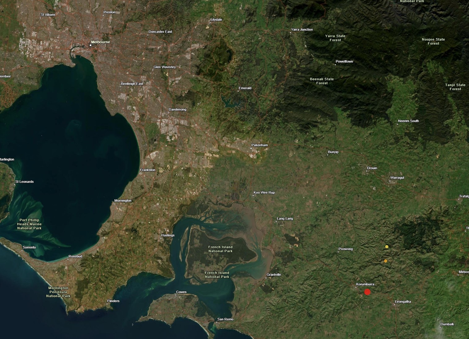 Map of Gippsland with earthquake epicentre