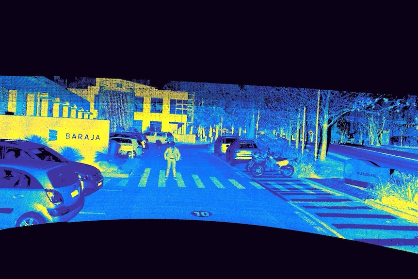 LiDAR sensor shot of cars parked, with a man on a zebra crossing