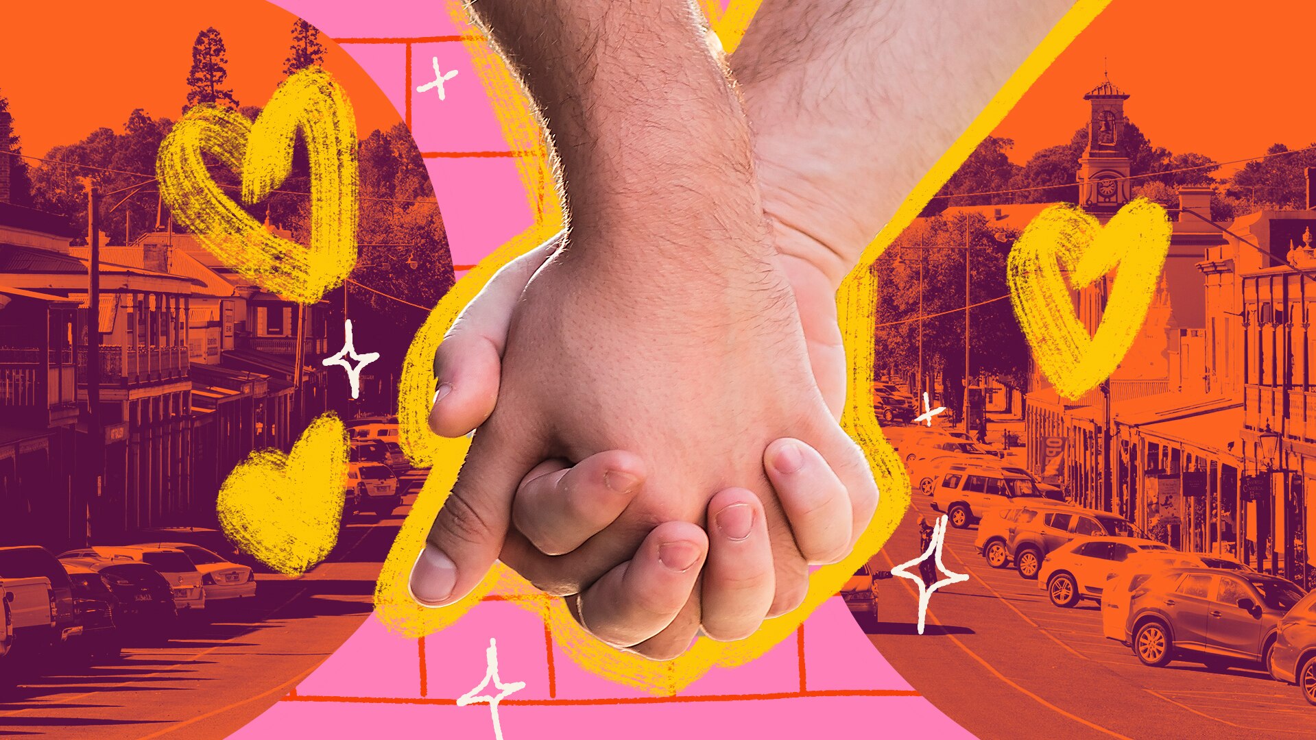 Collage of two hands against a country landscape for Everyday Queer Advice.