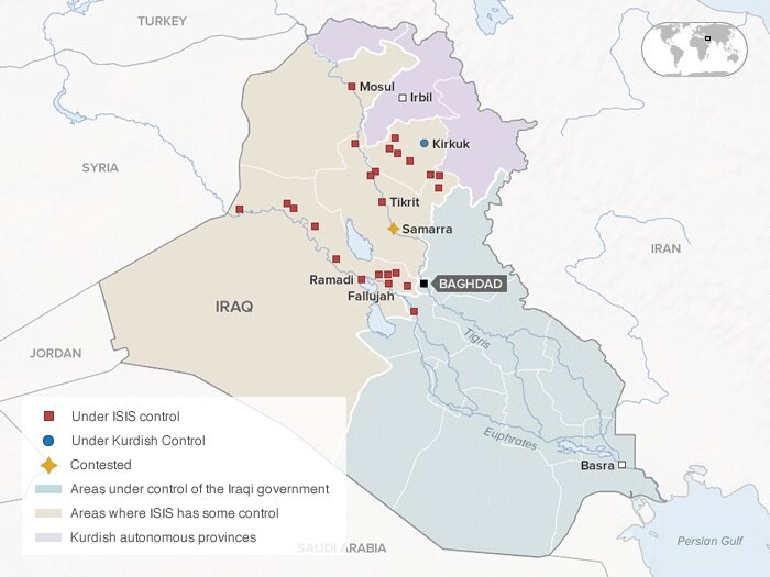 A map of Iraq showing areas under ISIS control as of June 13.