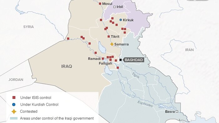 A map of Iraq showing areas under ISIS control as of June 13.
