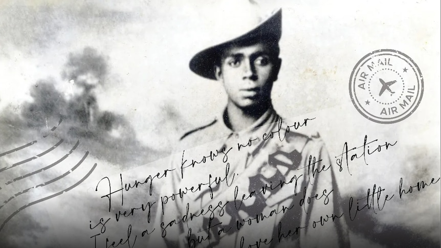 A black and white graphic featuring featuring an Australian Indigenous soldier and a postage stamp