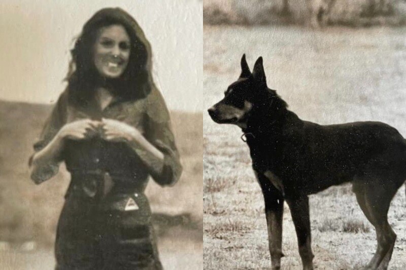 A composite image of a woman and a kelpie.
