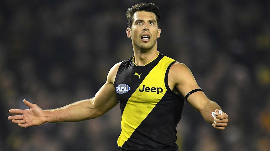 Alex Rance looks up and holds out his arms