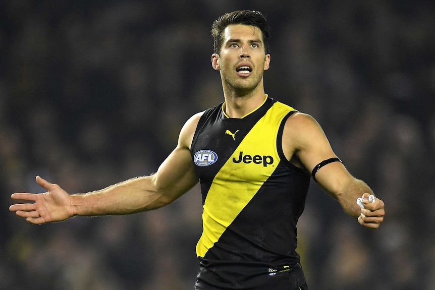 Alex Rance looks up and holds out his arms