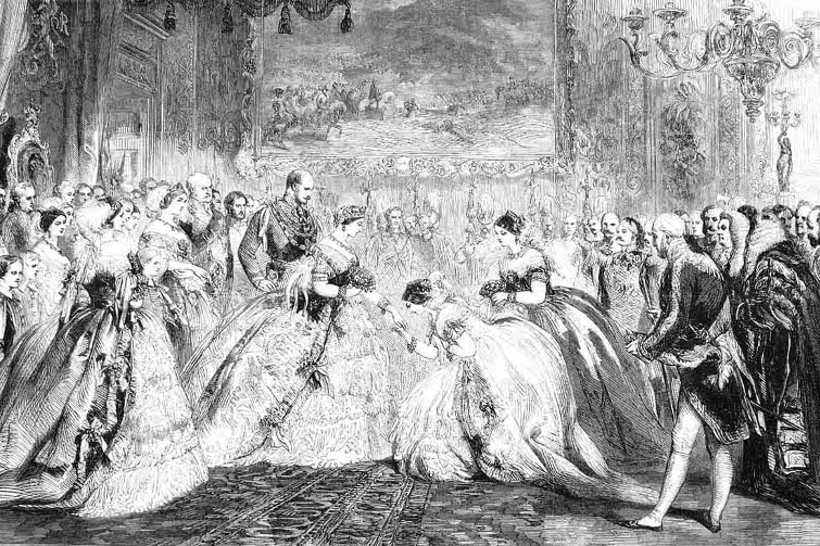 A black and white sketch depicting a ball in 1860s London.