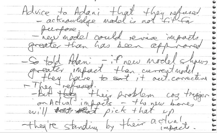 James Johnson hand written notes of DoEE teleconf 5 April 2019.