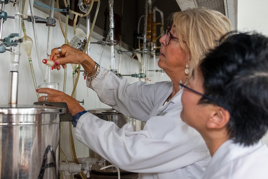 two scientists observe the distilling process