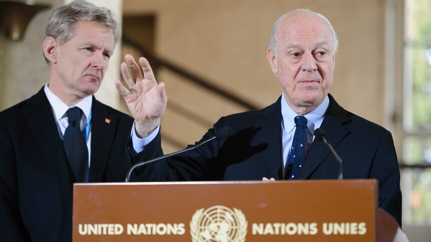 UN Syria envoy Staffan de Mistura speaks during his press briefing.