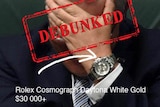 A poster of a man in suit holding his head revealing a fancy watch.