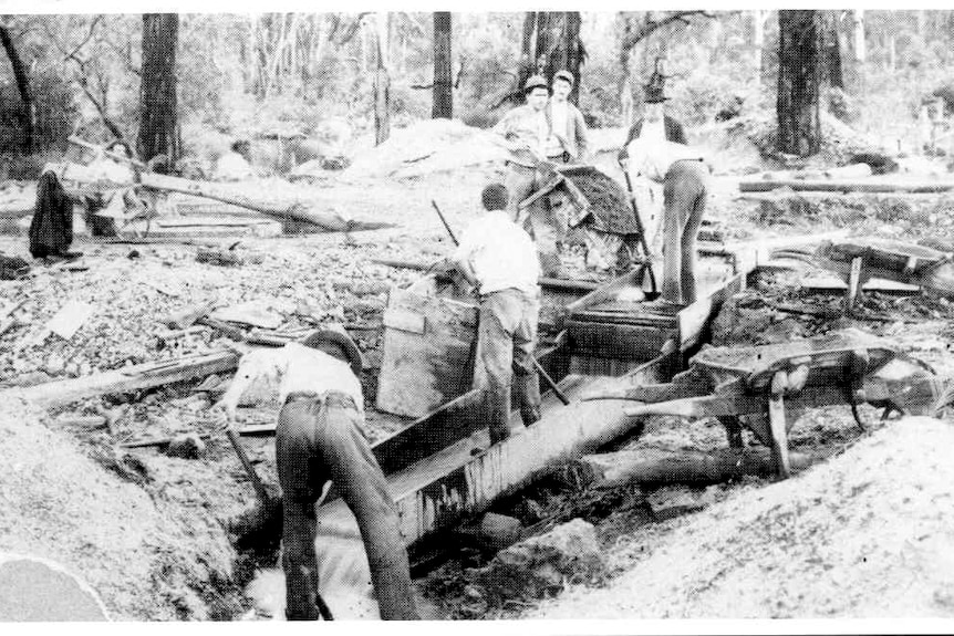 A black and white image of miners working the tin mine in Greenbushes.