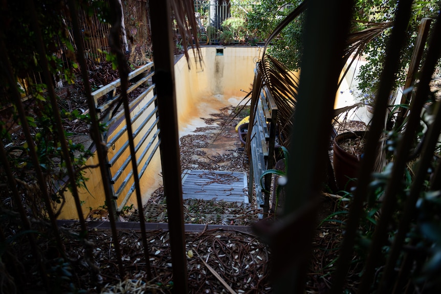 An open gate leading into an old, dirty, empty pool. The floor is filled with dried leaves.
