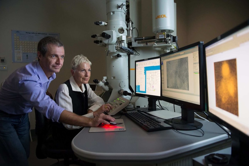 Dr Andrea Borsato and Associate Professor Silvia Frisia look at images of the calcite found in Antarctica.