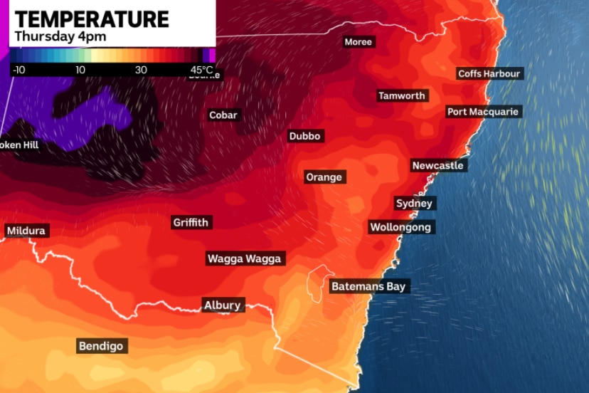A map of NSW showing the temperature for Thursday with regions shaded yellow to dark red to represent heat severity.