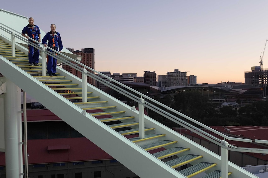 Gerard Whateley and Chris Rogers climbing Adelaide Oval roof