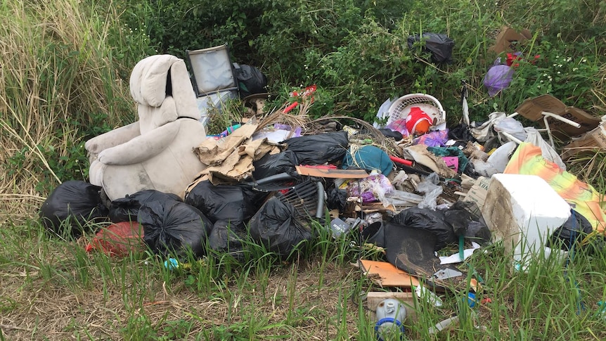 A pile of garbage, including a lounge chair and a washing basket, sits in the grass in a paddock. 