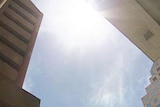 sun glare above city buildings
