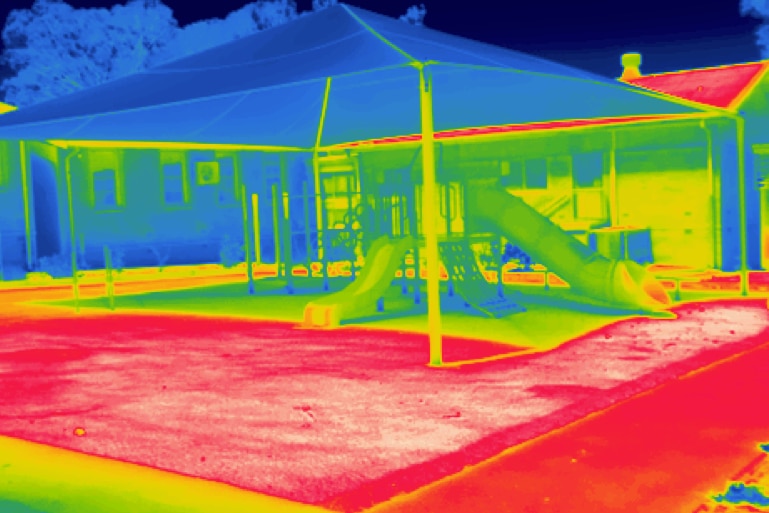 black asphalt, artificial grass and shaded areas, showing huge disparities between hot and cool zones in playgrounds