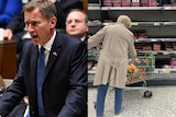 On left Jeremy Hunt speaks at a podium; on the right a person places groceries into a trolley 
