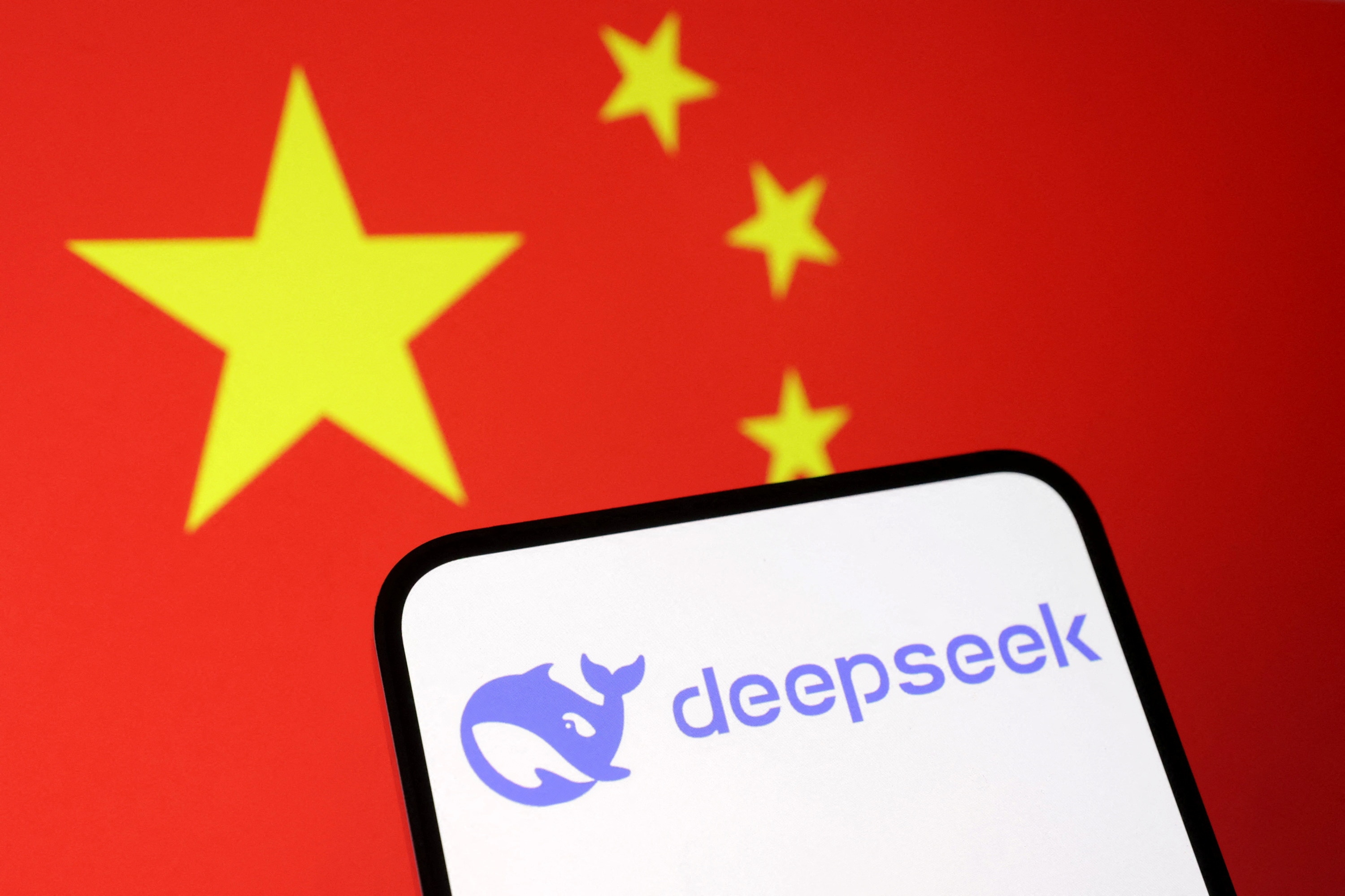 The Deepseek logo and the Chinese flag are seen in this illustration.