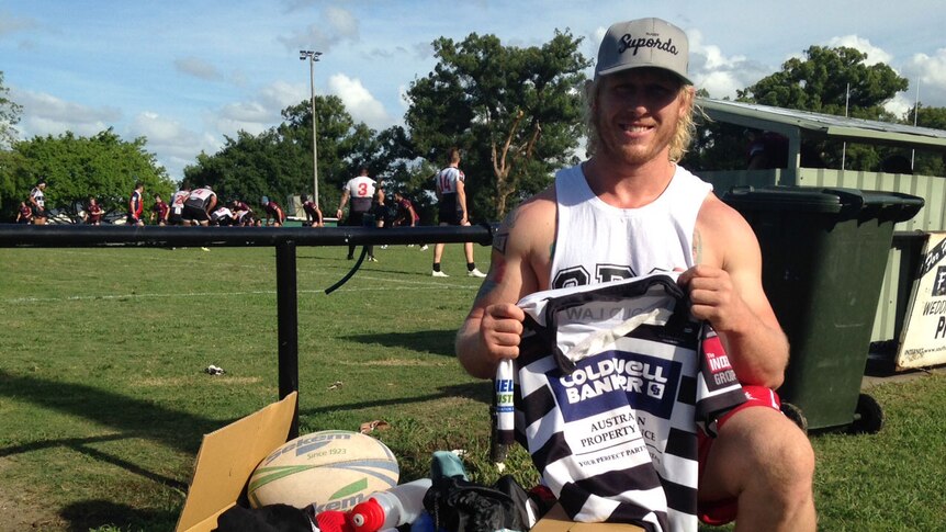 Giving back ... Beau Robinson displaying rugby kit donated at Chipsy Wood Oval