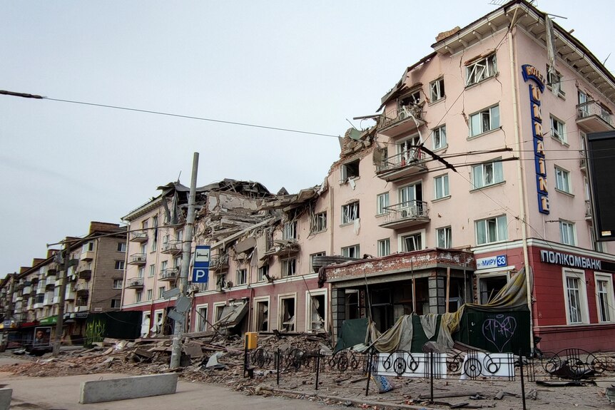 A view shows hotel 'Ukraine' destroyed during an air strike in central Chernihiv