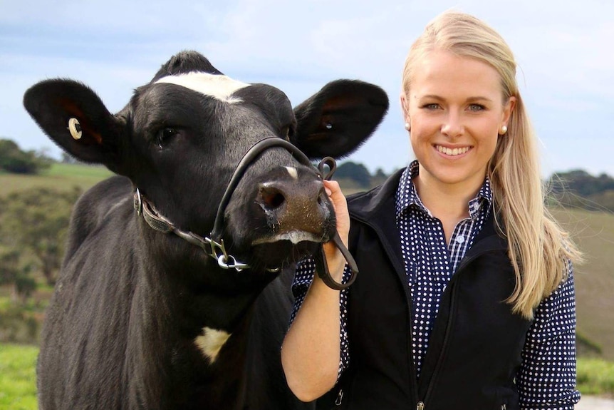 Blonde early 20s woman in a blue vest and shirt holding the halter of a black and white dairy cow