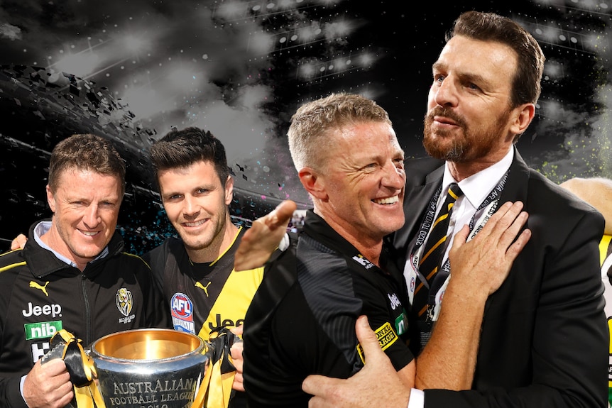 A collation of images showing Damien Hardwick celebrate milestones in his career.
