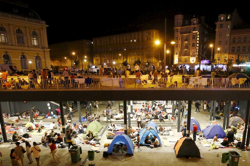 Migrants at a makeshift camp in Budapest, Hungary