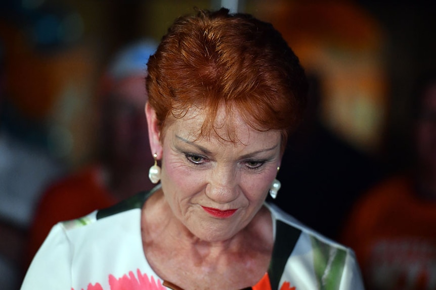 Pauline Hanson looks downcast in Buderim