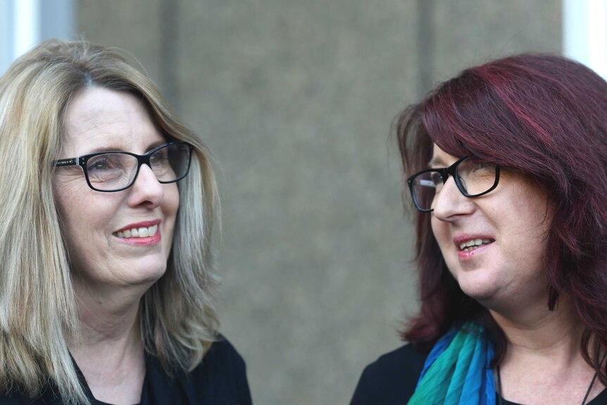 Glen Turner's wife Alison McKenzie and his sister Fran Pearce outside court in Sydney in June 2016.