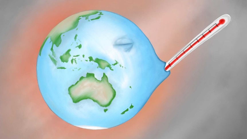 Picture of a globe with a thermometer in it's mouth and a hot looking background.