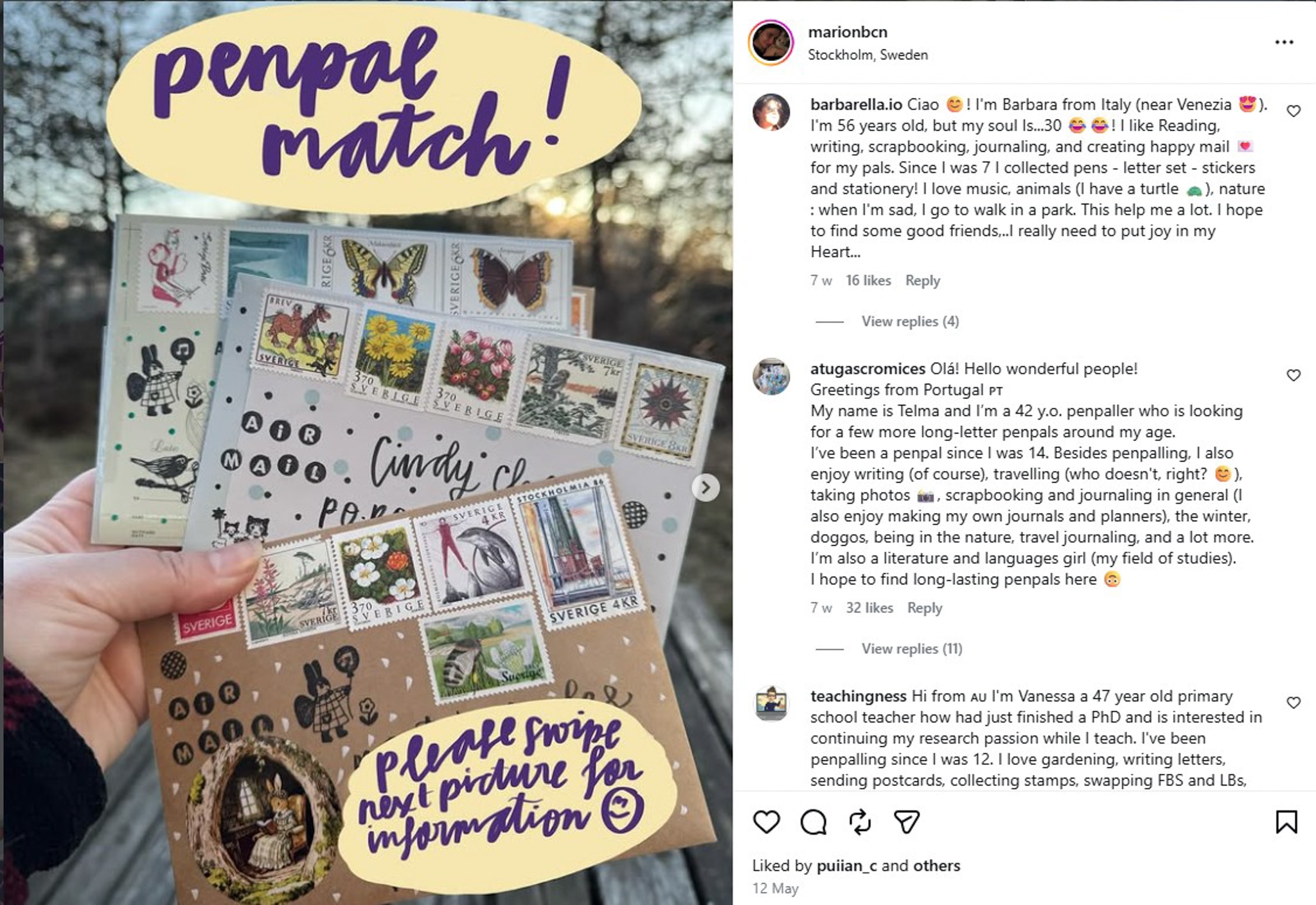 A screen grab of an instagram post depicting a handful of letters in decorated envelopes and paragraphs from penpal