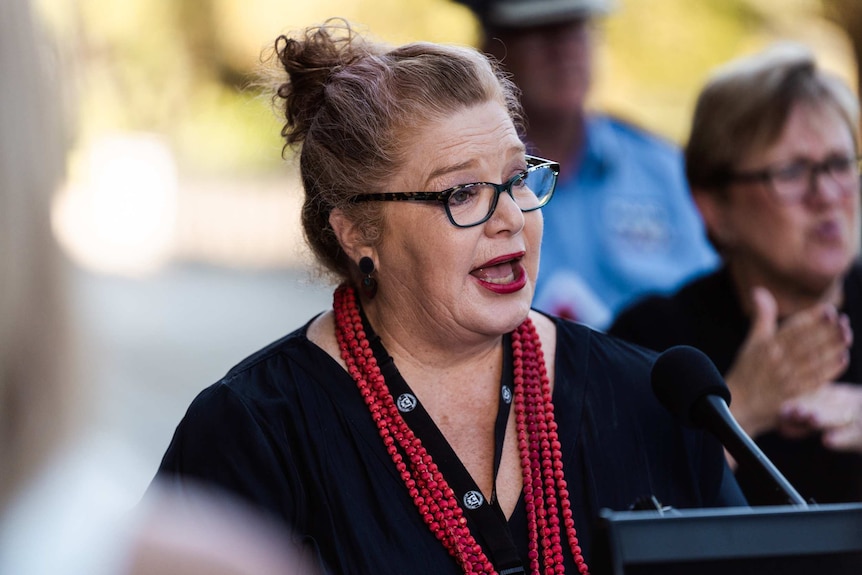 A head and shoulders shot of WA Education Minister Sue Ellery talking during a media conference.