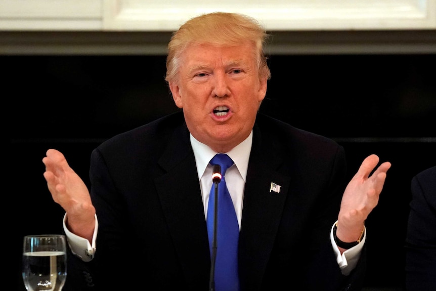 US President Donald speaks firmly with hands in the air wearing a black suit with a blue tie.