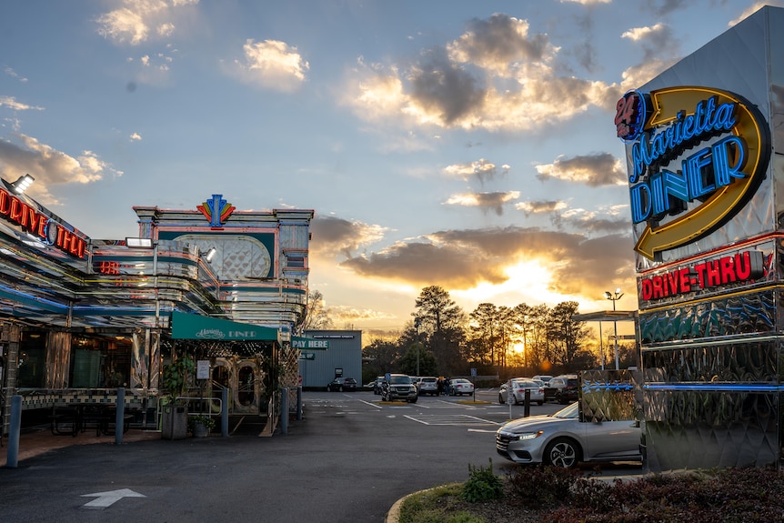 An old school US diner at sunset 