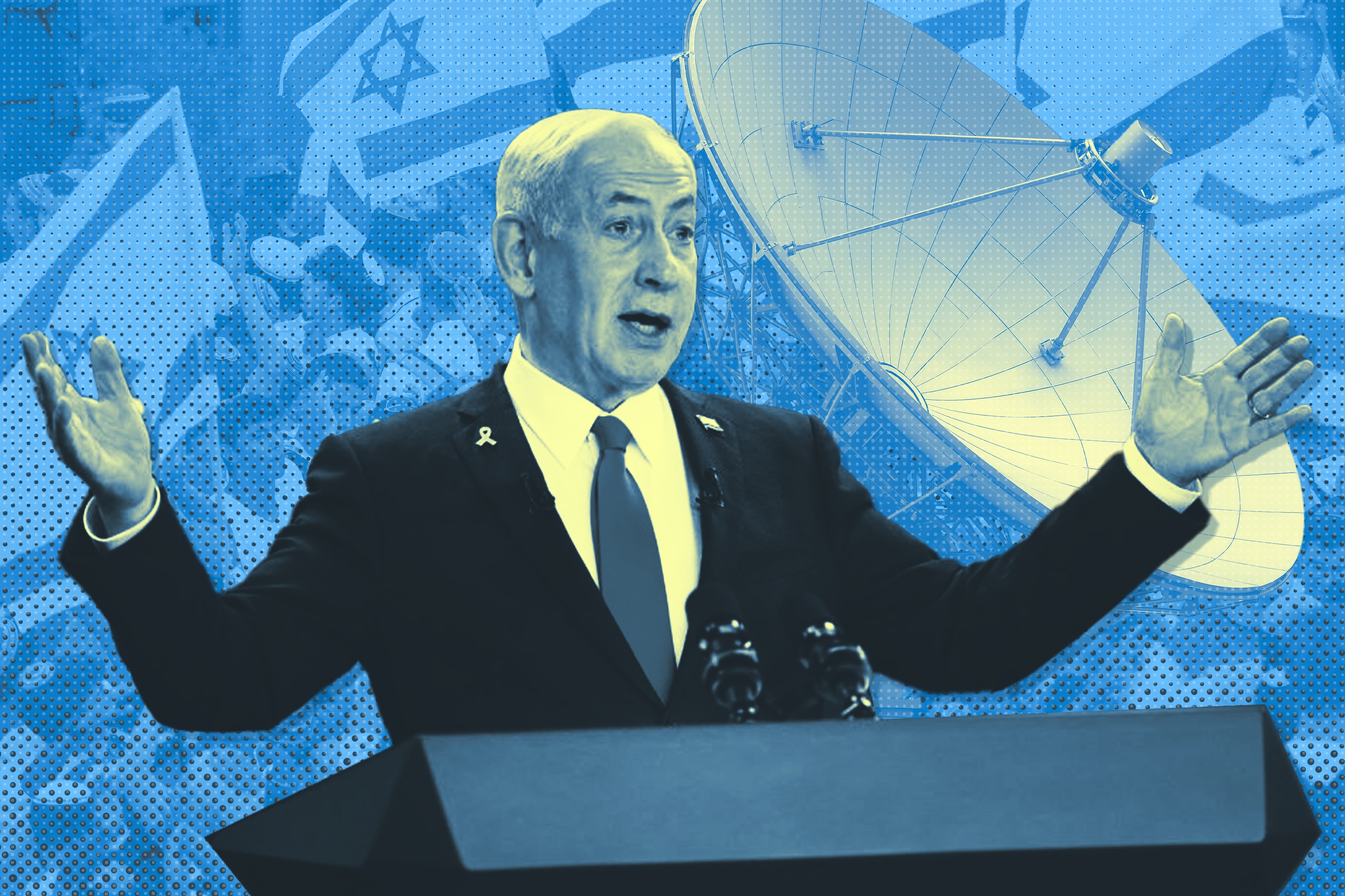 A graphic image depicting Benjamin Netanyahu at a press conference