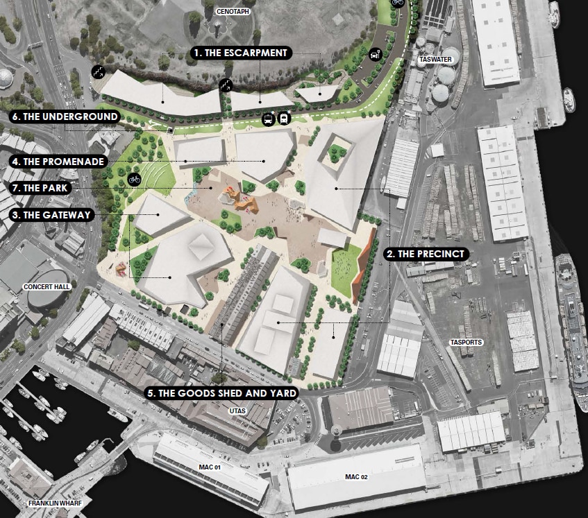 Designs for Macquarie Point with a truth and reconciliation park in the middle.