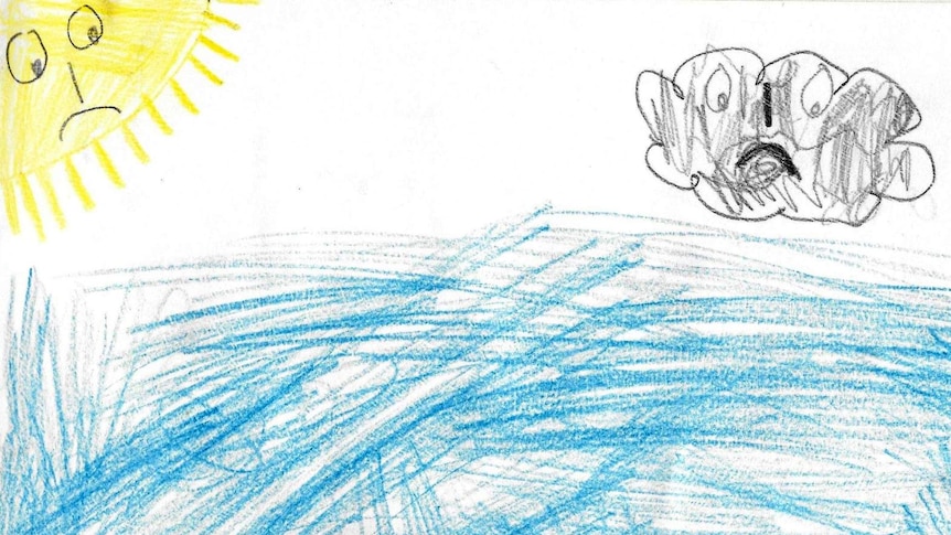 A child's drawing of a sun and cloud, which both have sad faces.