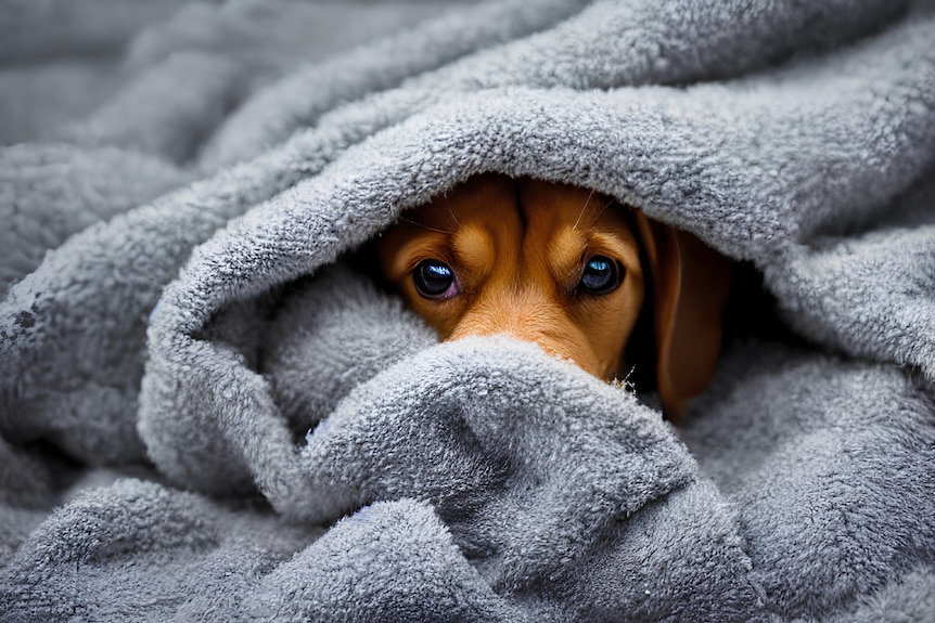 A scared dog hides under a pile of blankets.