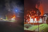 Composite image of a house on fire with one picture zoomed in