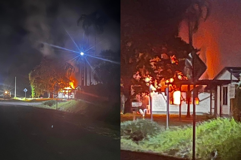 Composite image of a house on fire with one picture zoomed in