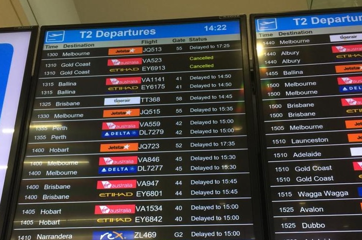 An electronic screen which shows delays to every flight