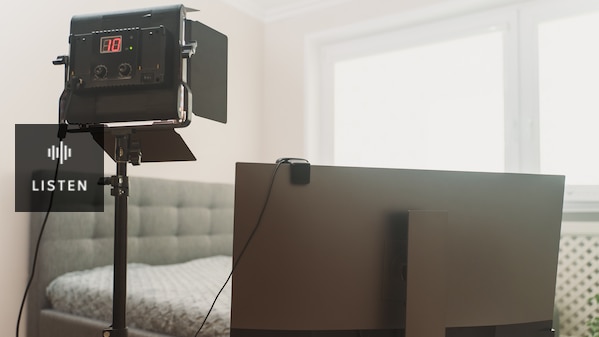 Webcam studio interior with lighting, bed and camera. Has Audio.