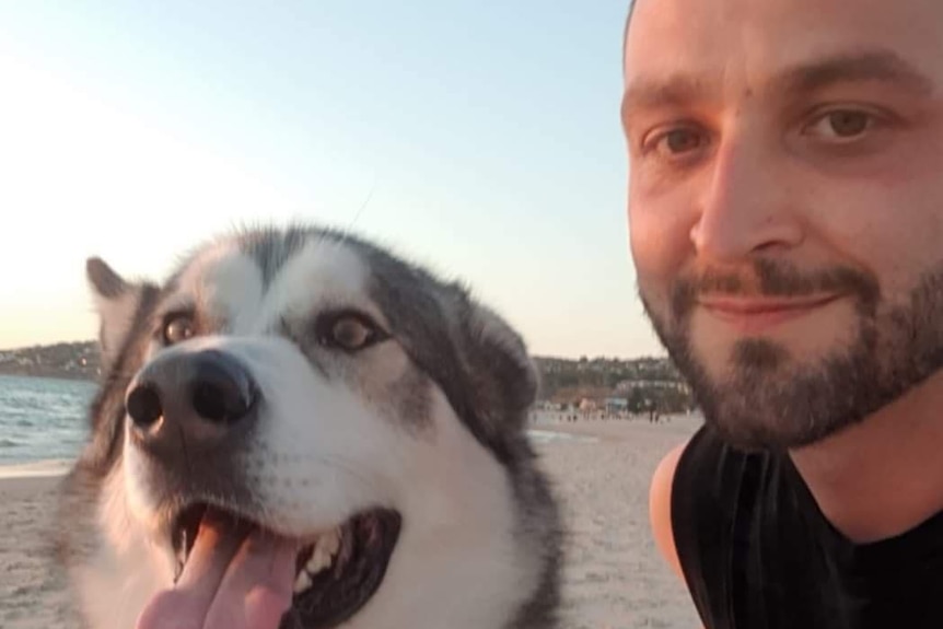 A selfie of a man and his dog on the beach. The man has a beard, the dog is black and white and big.