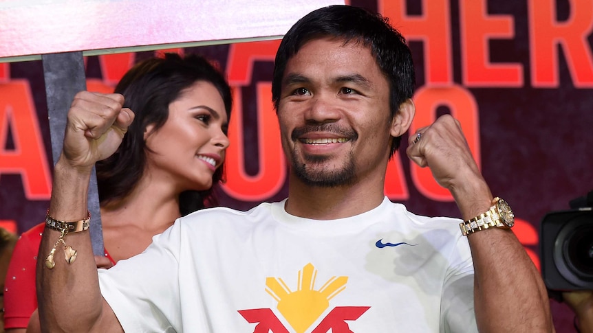 Filipino boxer Manny Pacquaio poses during a fan rally in Las Vegas in April 2015.