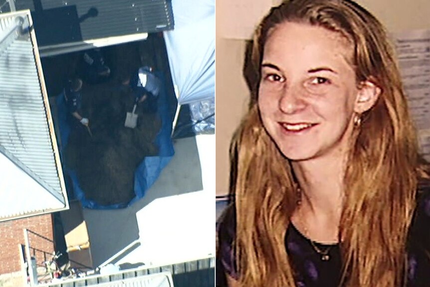 An aerial shot of police digging up a backyard and a headshot of a smiling woman with long blonde hair.