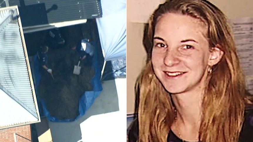 An aerial shot of police digging up a backyard and a headshot of a smiling woman with long blonde hair.